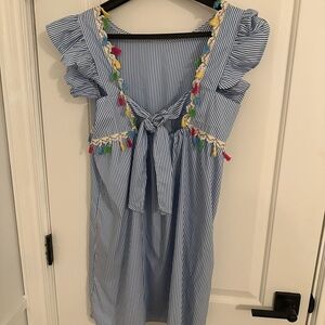 Blue Striped Kids Dress with Colorful Tassels